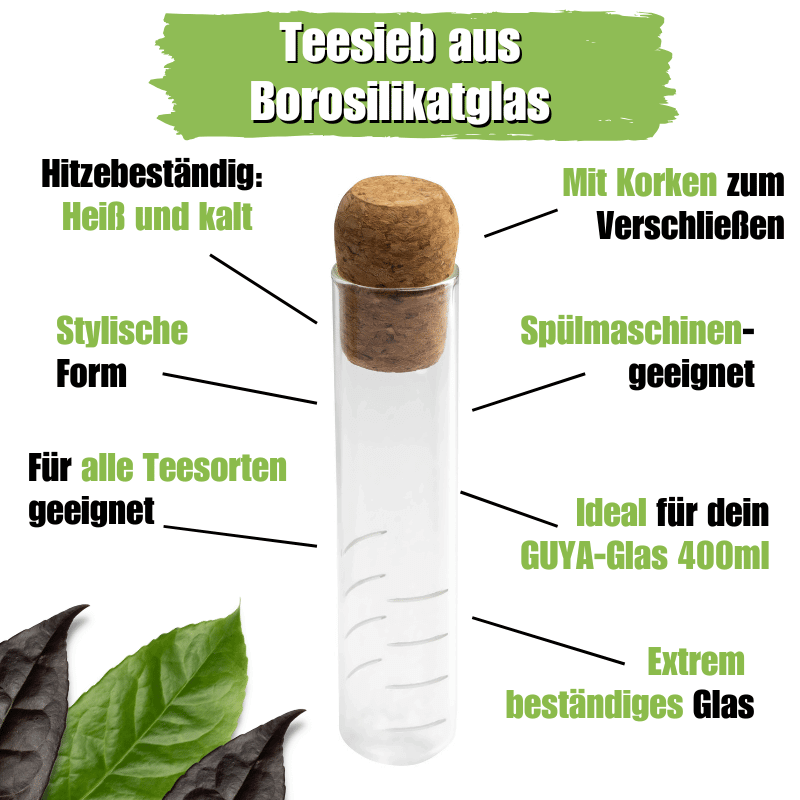 Edles Teesieb aus Glas mit Korkenverschluss - Bio Guayusa Tee kaufen - GUYA Guayusa Online Shop
