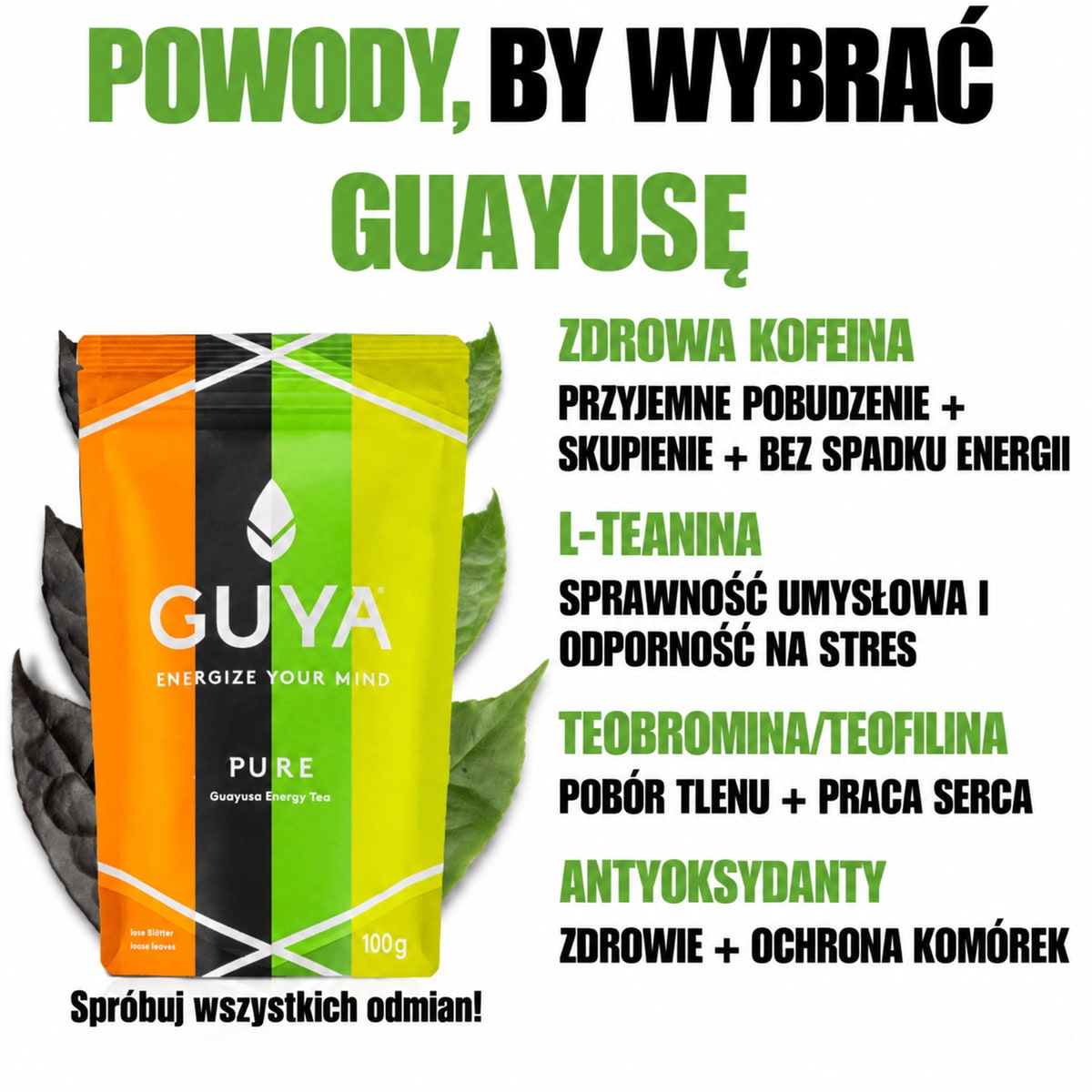 Dlaczego guayusa: kofeina, L-teanina, teobromina, teofilina i przeciwutleniacze.